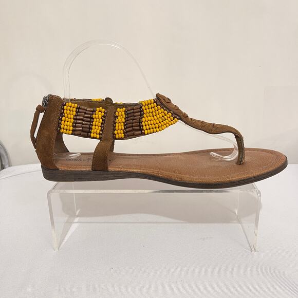 Minnetonka Ankle Sandals Womens 9 Brown Leather Yellow Beads Gladiator BOHO - Picture 1 of 9